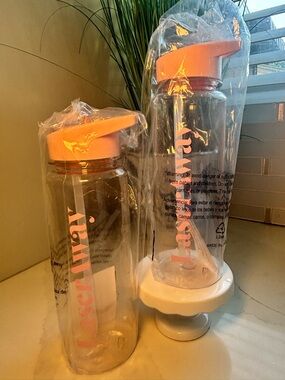NEW Set of 2 LaserAway Reusable Water Bottles with Straw & Pink Flip Lid | 24oz